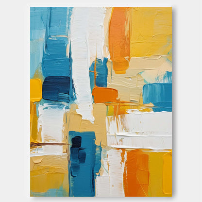 Vibrant Abstract Oil Painting in Blue, Yellow, and White for Modern Home Décor