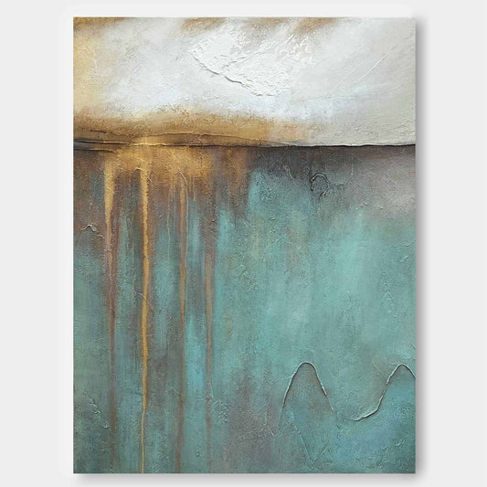 Stunning Abstract Oil Painting with Teal and Gold Accent for Modern Decor