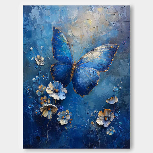 Stunning Blue Butterfly Oil Painting with Floral Accents for Vibrant Home Decor