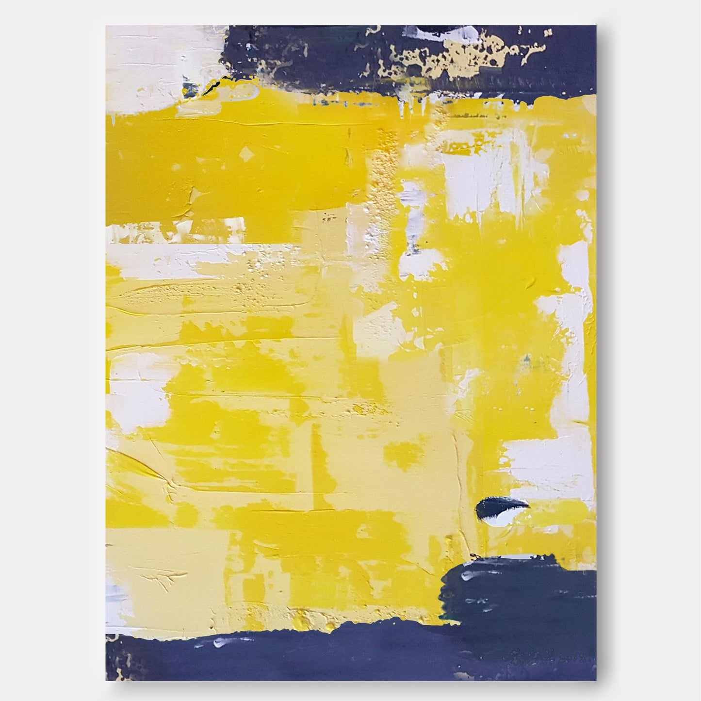 Vibrant Abstract Yellow and Navy Oil Painting for Modern Home Decor