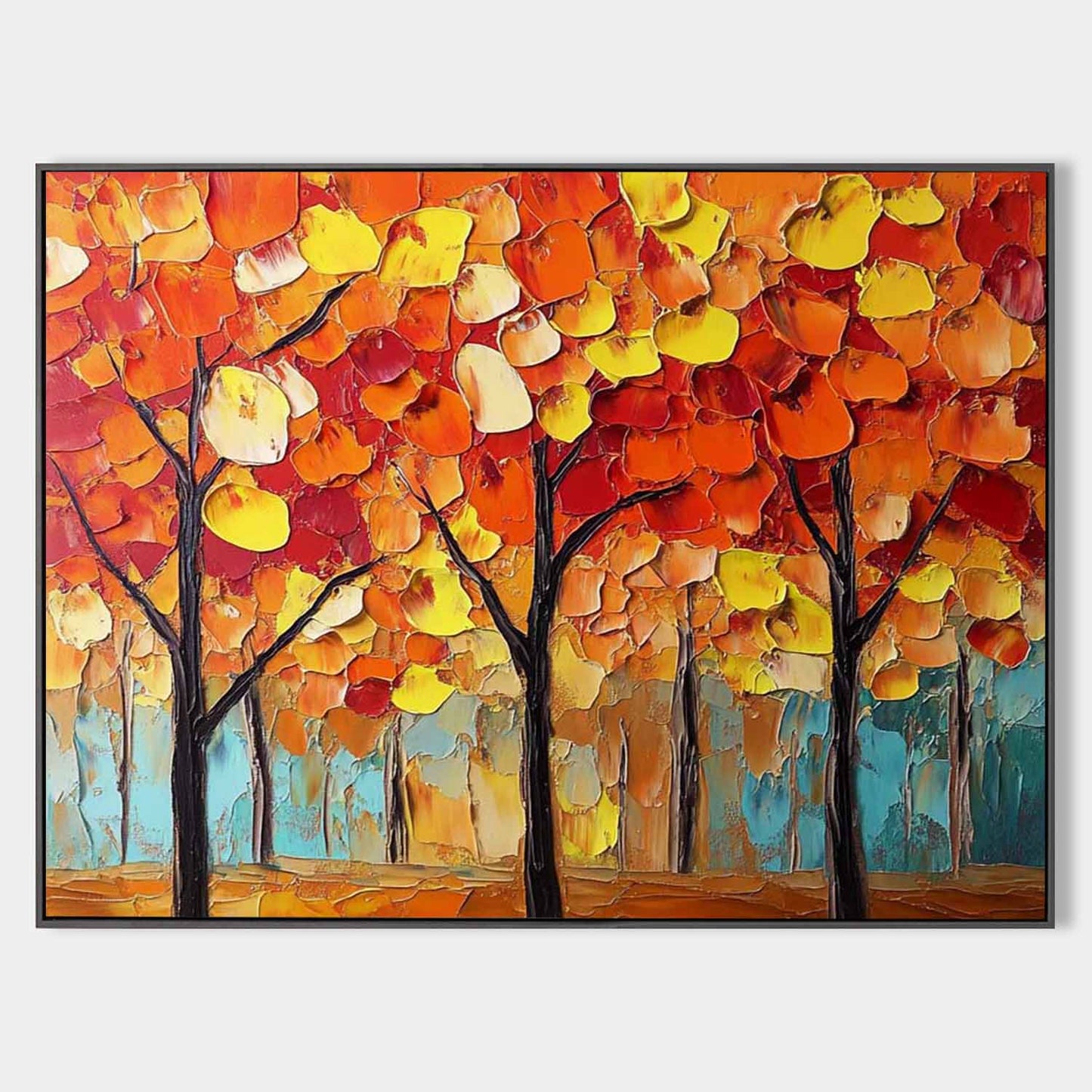 Vibrant Autumn Forest Oil Painting with Bold Colors and Abstract Trees