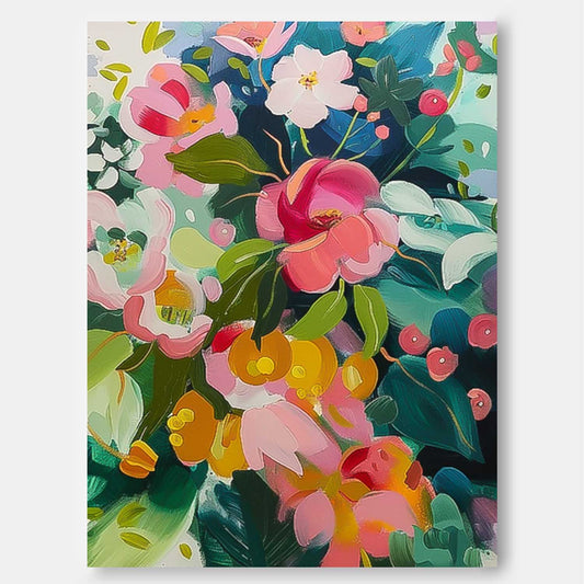 Vibrant Floral Oil Painting for Home Decor – Colorful Flower Art on Canvas