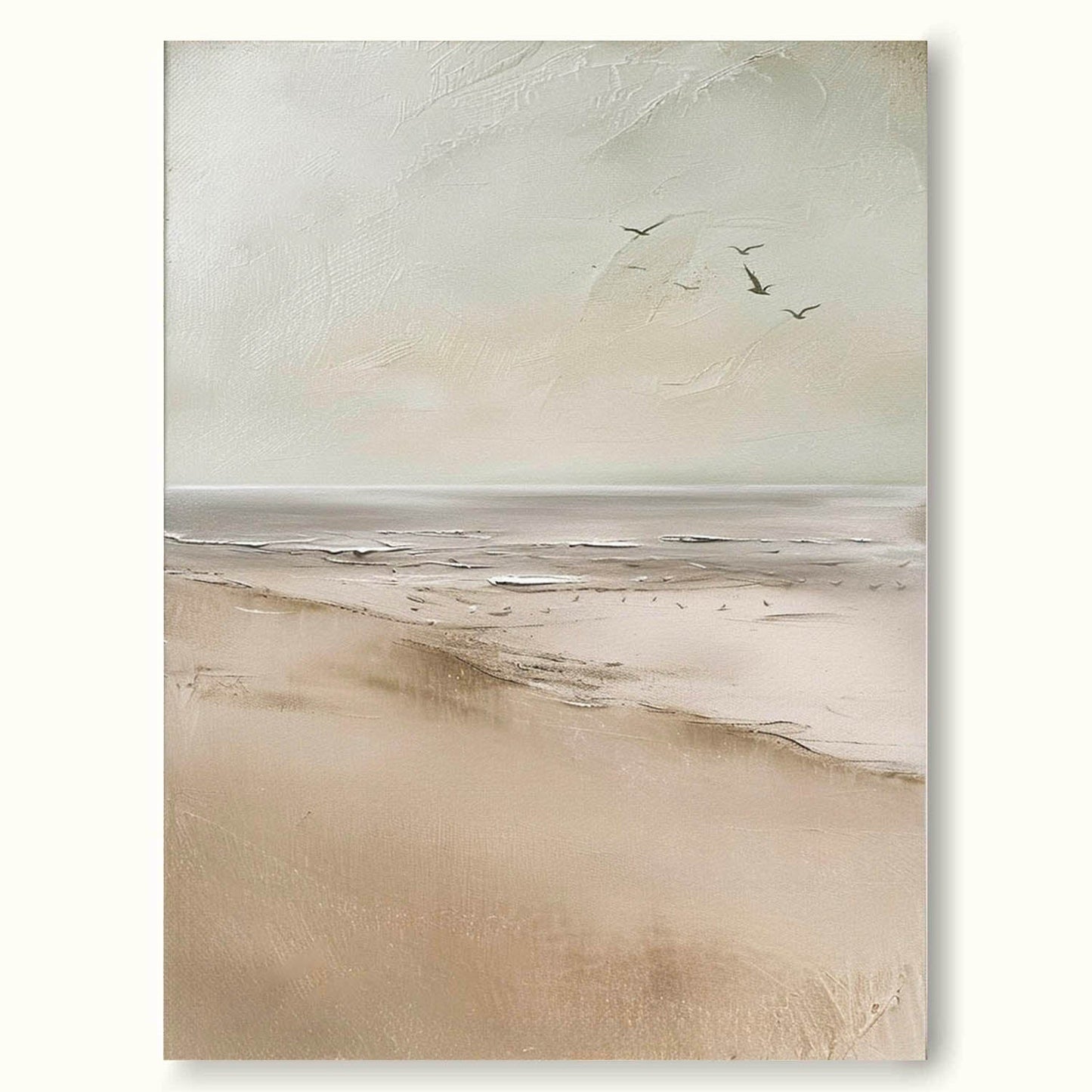 Serene Coastal Landscape Oil Painting with Soft Hues and Gentle Waves