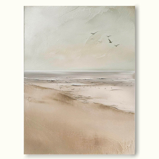 Serene Coastal Landscape Oil Painting with Soft Hues and Gentle Waves