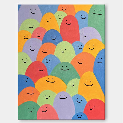 Colorful Abstract Oil Painting of Happy Faces – Cheerful Canvas Wall Art Decor