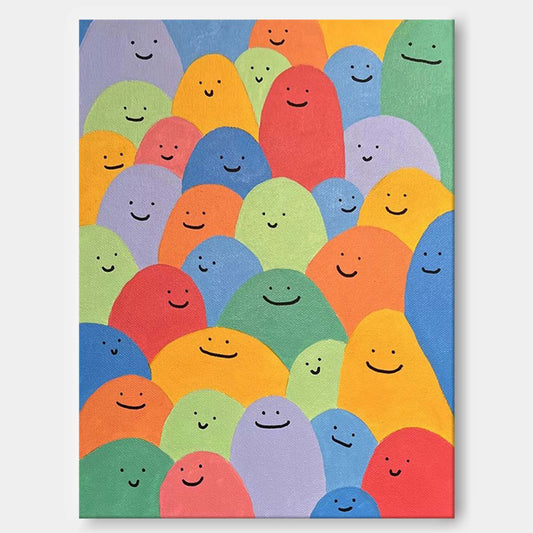 Colorful Abstract Oil Painting of Happy Faces – Cheerful Canvas Wall Art Decor