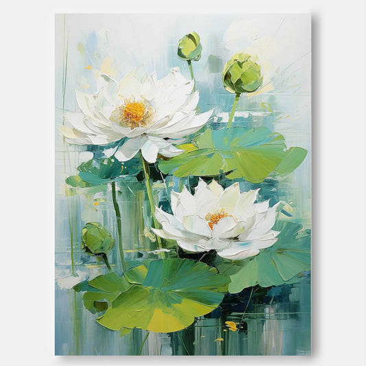 Lush White Lotus Flowers on Serene Water Lily Pond - Vibrant Oil Painting Decor