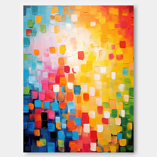 Vibrant Abstract Oil Painting with Colorful Square Patterns for Modern Home Decor