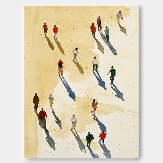 Vibrant Beach Scene Oil Painting with Shadows and People Walking by the Ocean