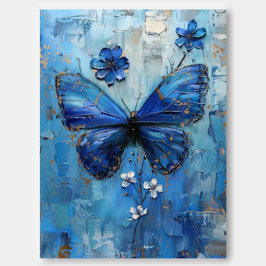 Beautiful Blue Butterfly Oil Painting with Floral Accents for Elegant Home Decor