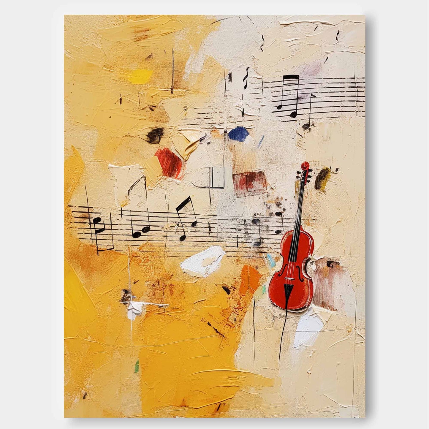 Vibrant Abstract Oil Painting with Violin and Musical Notes on Canvas