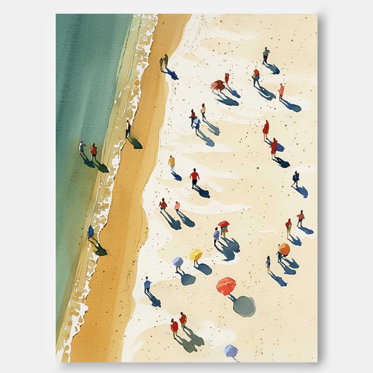 Coastal Serenity: Vibrant Oil Painting of a Beach Day with Ocean Waves and Sunbathers