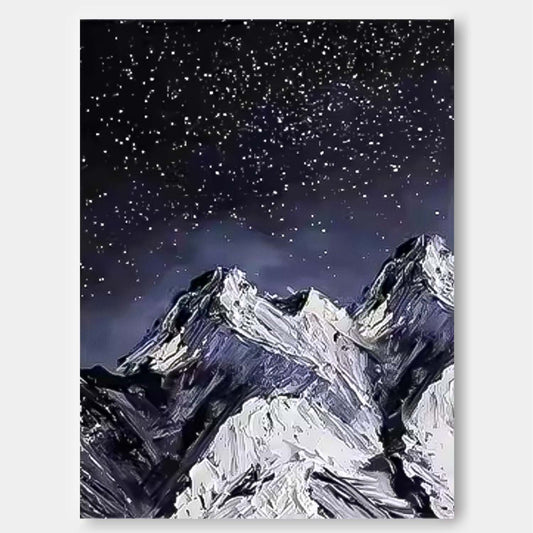 Starlit Mountain Landscape Oil Painting for Home Decor