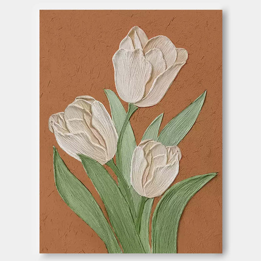 Elegant Cream Tulips Oil Painting on Brown Canvas | Floral Wall Art Decor