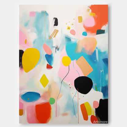 Vibrant Abstract Oil Painting with Colorful Shapes and Whimsical Patterns for Modern Decor