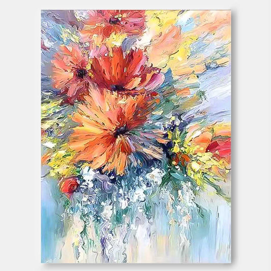 Vibrant Floral Explosion: Colorful Oil Painting for Home Décor and Art Lovers