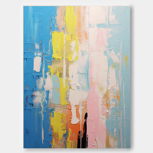 Vibrant Abstract Oil Painting with Blue, Yellow, and Pink for Modern Home Decor