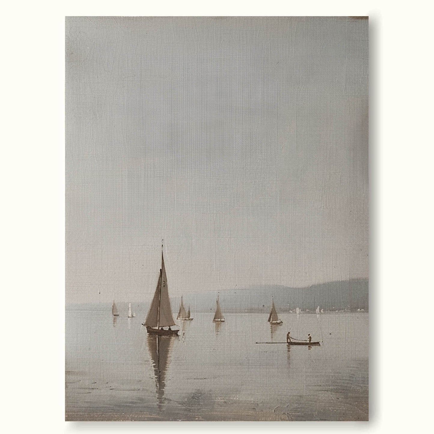 Serene Vintage Seascape Oil Painting with Sailing Boats and Calm Waters