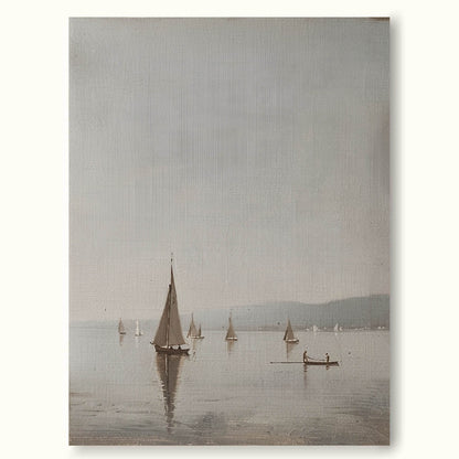 Serene Vintage Seascape Oil Painting with Sailing Boats and Calm Waters