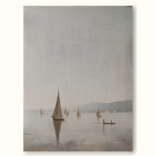 Serene Vintage Seascape Oil Painting with Sailing Boats and Calm Waters