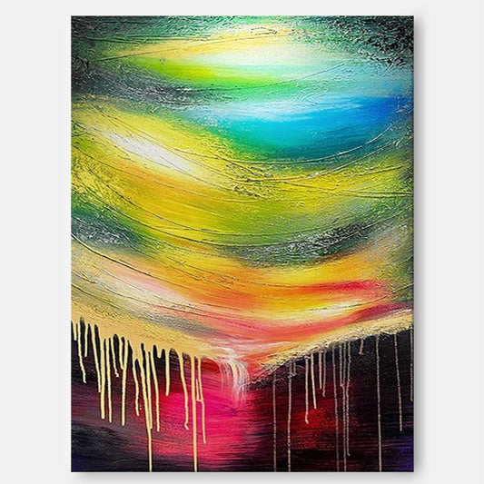 Vibrant Abstract Oil Painting with Colorful Swirls and Dripping Texture for Contemporary Decor