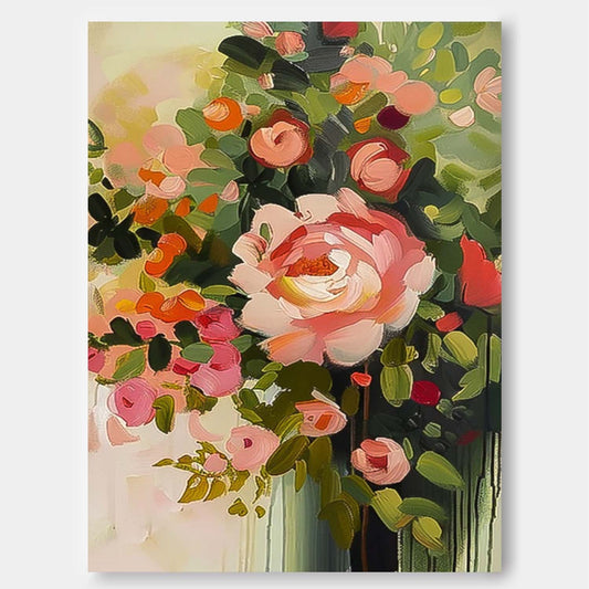 Vibrant Floral Oil Painting with Pink Roses and Lush Greenery for Home Decor