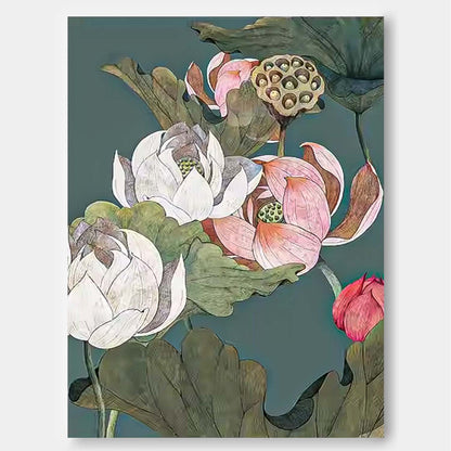 Elegant Lotus Flower Oil Painting on Canvas for Home Decor