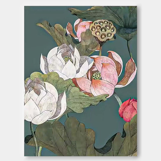 Elegant Lotus Flower Oil Painting on Canvas for Home Decor