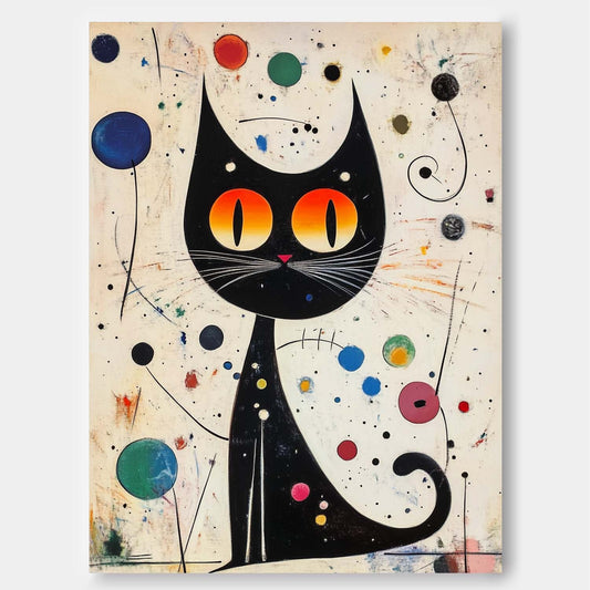 Whimsical Black Cat Oil Painting with Vibrant Colors and Abstract Elements