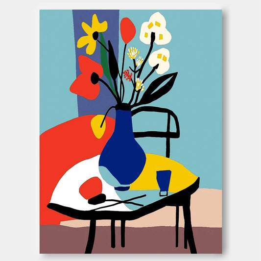 Vibrant Floral Still Life Oil Painting in Colorful Vase for Home Décor