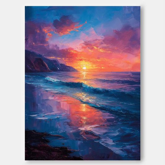 Vibrant Sunset Over Ocean Waves - Coastal Oil Painting for Beach Lovers