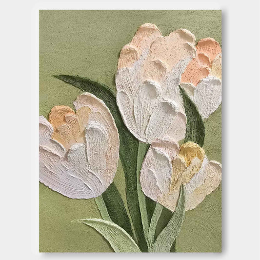 Elegant White Tulip Oil Painting on Green Canvas for Floral Home Decor