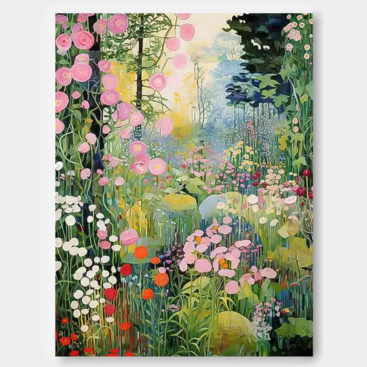 Vibrant Floral Landscape Oil Painting for Home Decor and Garden Inspiration
