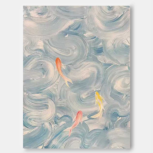 Tranquil Abstract Oil Painting with Colorful Fish in Flowing Waves