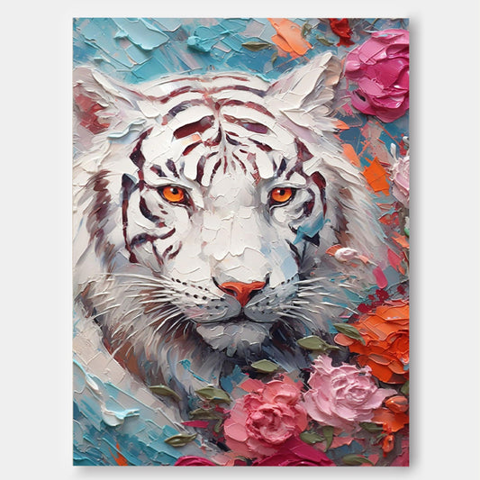 Majestic White Tiger Oil Painting with Floral Accents for Animal Lovers