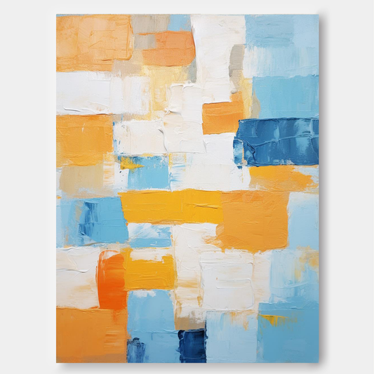 Vibrant Abstract Oil Painting in Blue, Yellow, and White for Modern Home Decor