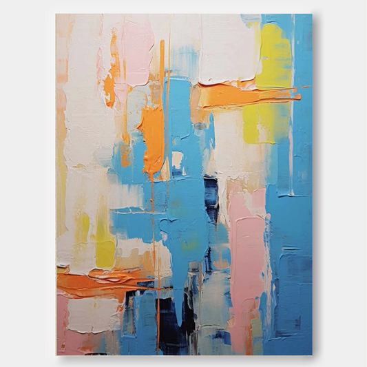 Vibrant Abstract Oil Painting in Blue, Pink, and Orange for Modern Home Decor