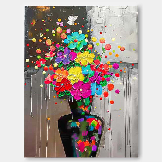 Vibrant Floral Oil Painting on Canvas - Colorful Bouquet Home Decor Art