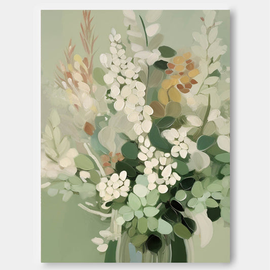 Elegant Floral Oil Painting for Home Décor – Green and White Bouquet Artwork