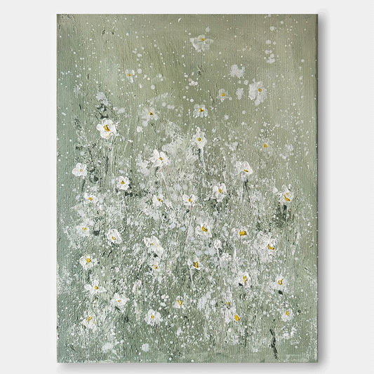 Elegant White Floral Oil Painting on Soft Green Canvas
