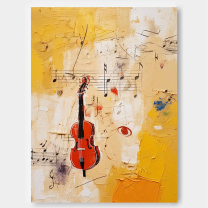 Vibrant Abstract Violin Oil Painting with Musical Notes on Canvas