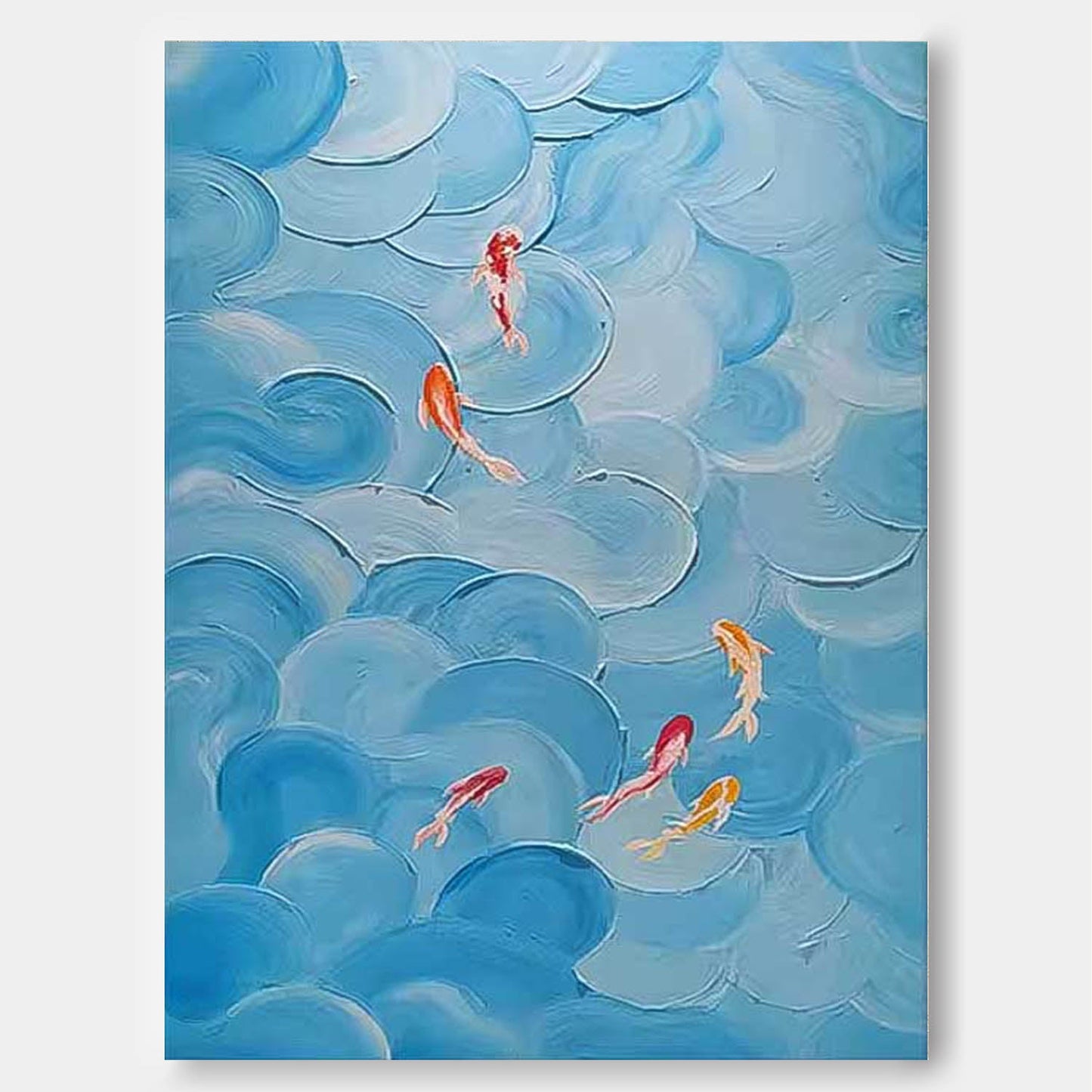 Whimsical Koi Fish Swimming in Teal Waves - Vibrant Abstract Oil Painting Art