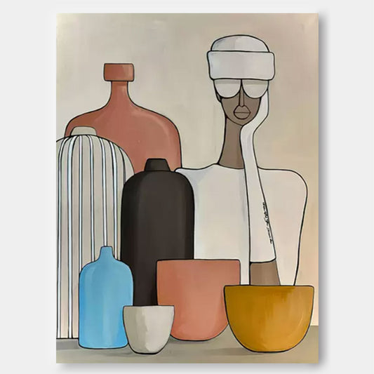 Stylish Abstract Still Life with Bottles and Bowls - Modern Oil Painting for Home Decor