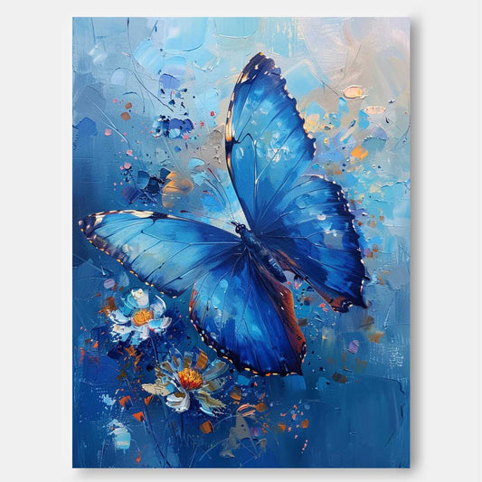 Vibrant Blue Butterfly Oil Painting with Floral Accents for Wall Décor