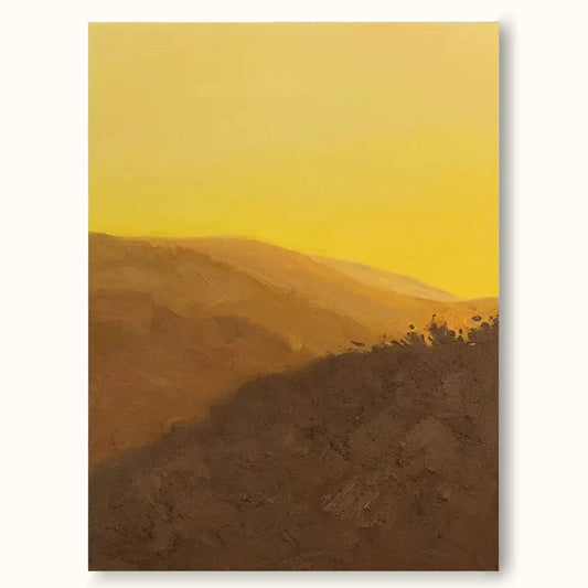 Serene Minimalist Oil Painting of Golden Landscape at Sunset