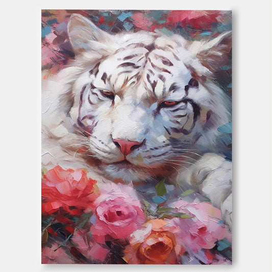 Majestic White Tiger with Floral Accents - Stunning Oil Painting Art