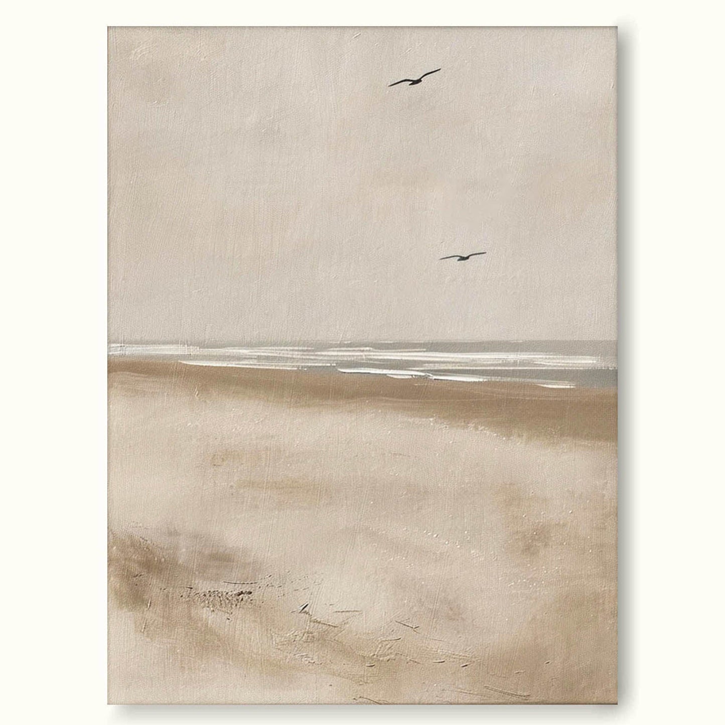 Serene Coastal Landscape Oil Painting with Gentle Waves and Skyward Birds