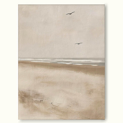 Serene Coastal Landscape Oil Painting with Gentle Waves and Skyward Birds