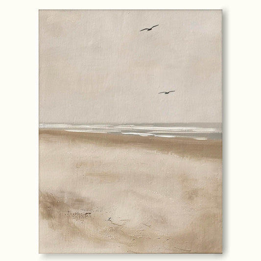 Serene Coastal Landscape Oil Painting with Gentle Waves and Skyward Birds