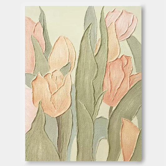 Elegant Floral Oil Painting of Soft Pink Tulips on Textured Canvas